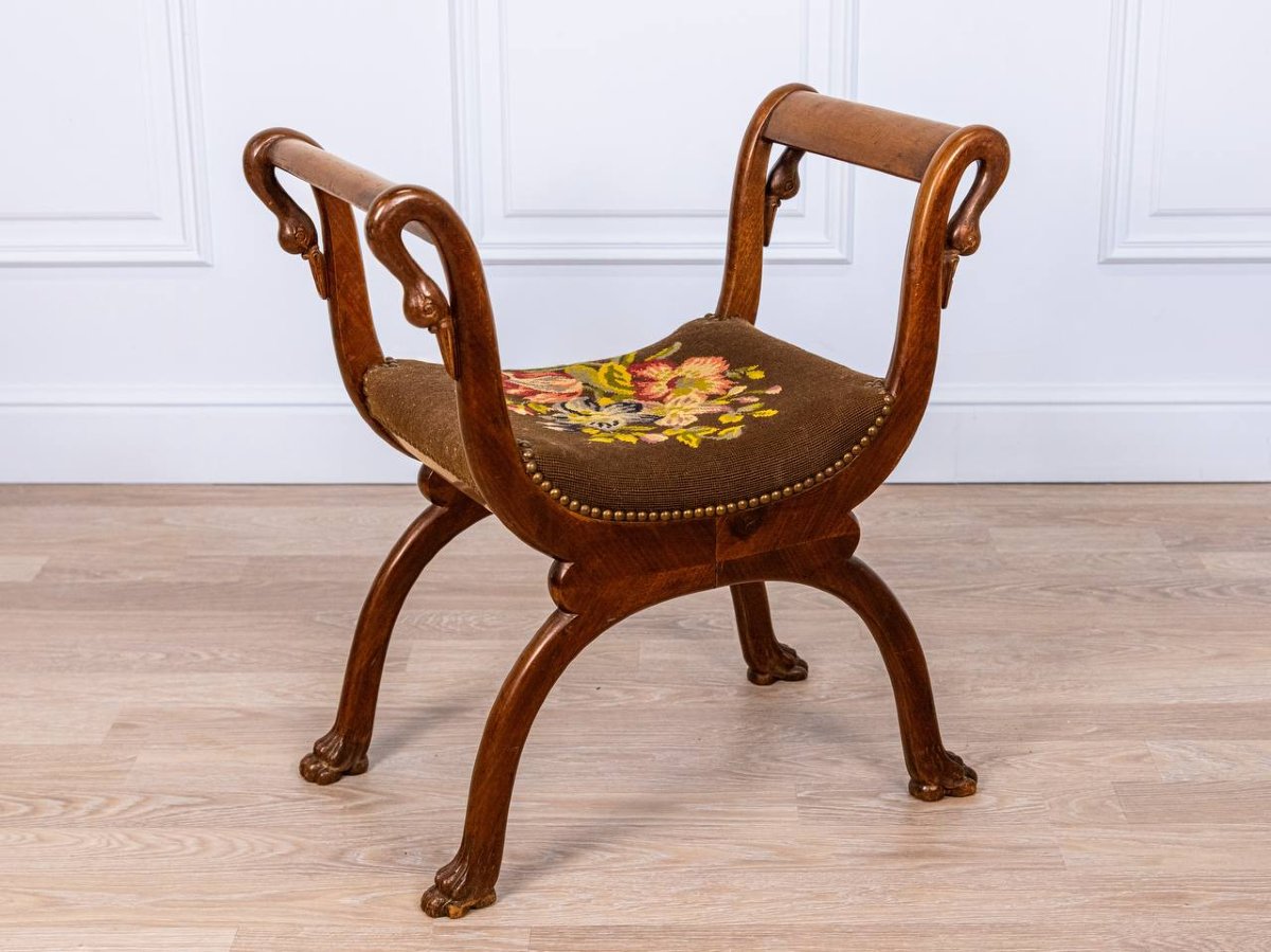 19th-century Curule Stool - Lion's Paw Feet And Swan's Neck Uprights-photo-3