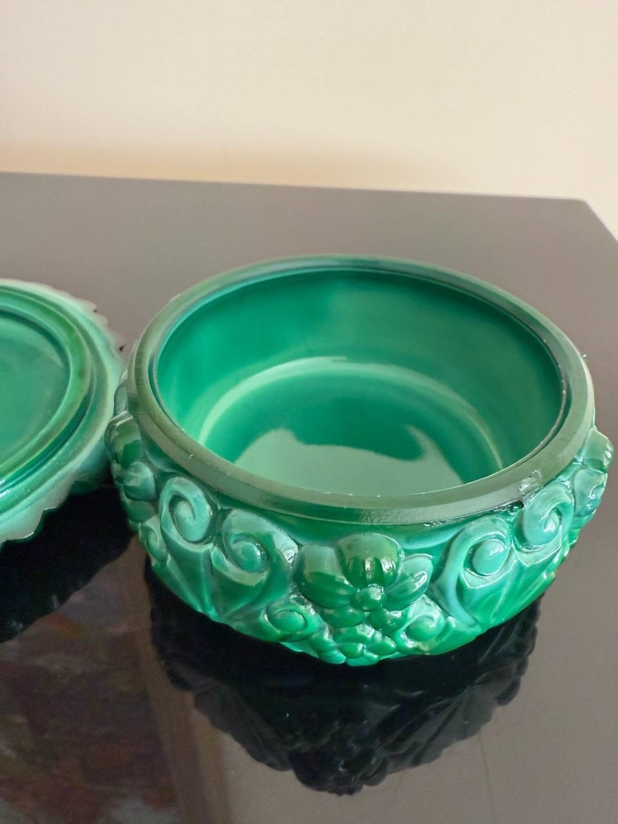 Heinrich Hoffman, Jewelry Box, Box, Case, Candy Dish In Malachite Colored Molded Glass-photo-2