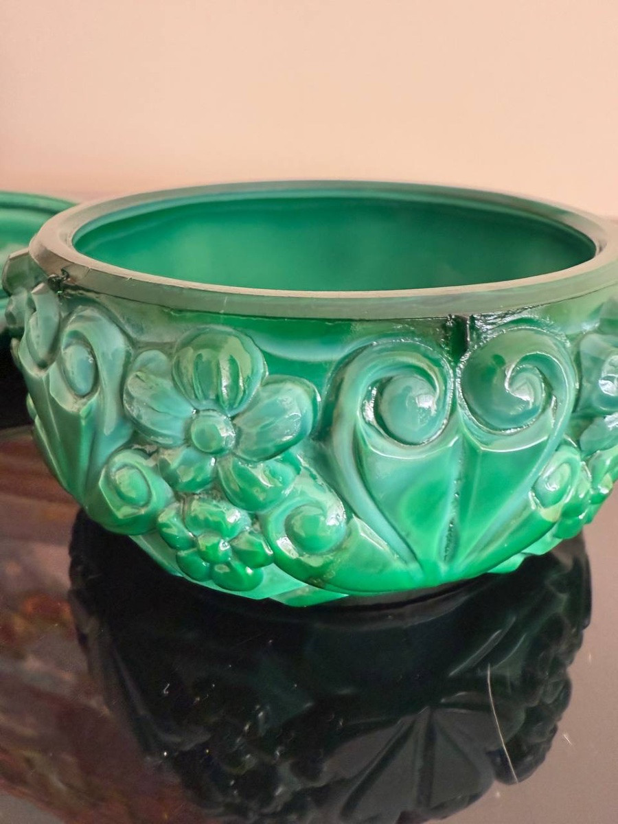 Heinrich Hoffman, Jewelry Box, Box, Case, Candy Dish In Malachite Colored Molded Glass-photo-4