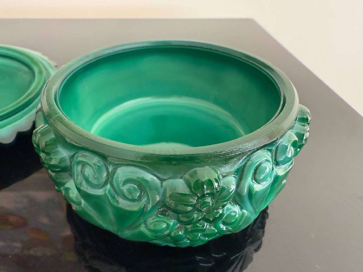 Heinrich Hoffman, Jewelry Box, Box, Case, Candy Dish In Malachite Colored Molded Glass-photo-8