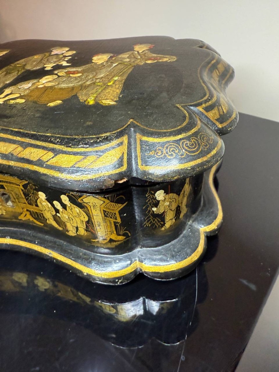 Boîte à bijoux Napoléon III en laque noire à décor asiatique, 19e siècle-photo-3