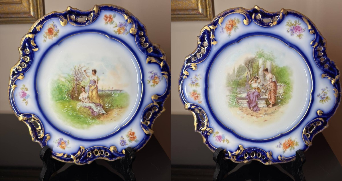 Pair Of Porcelain Plates, Hand-embellished, M. Redon, Limoges, 1891-1906