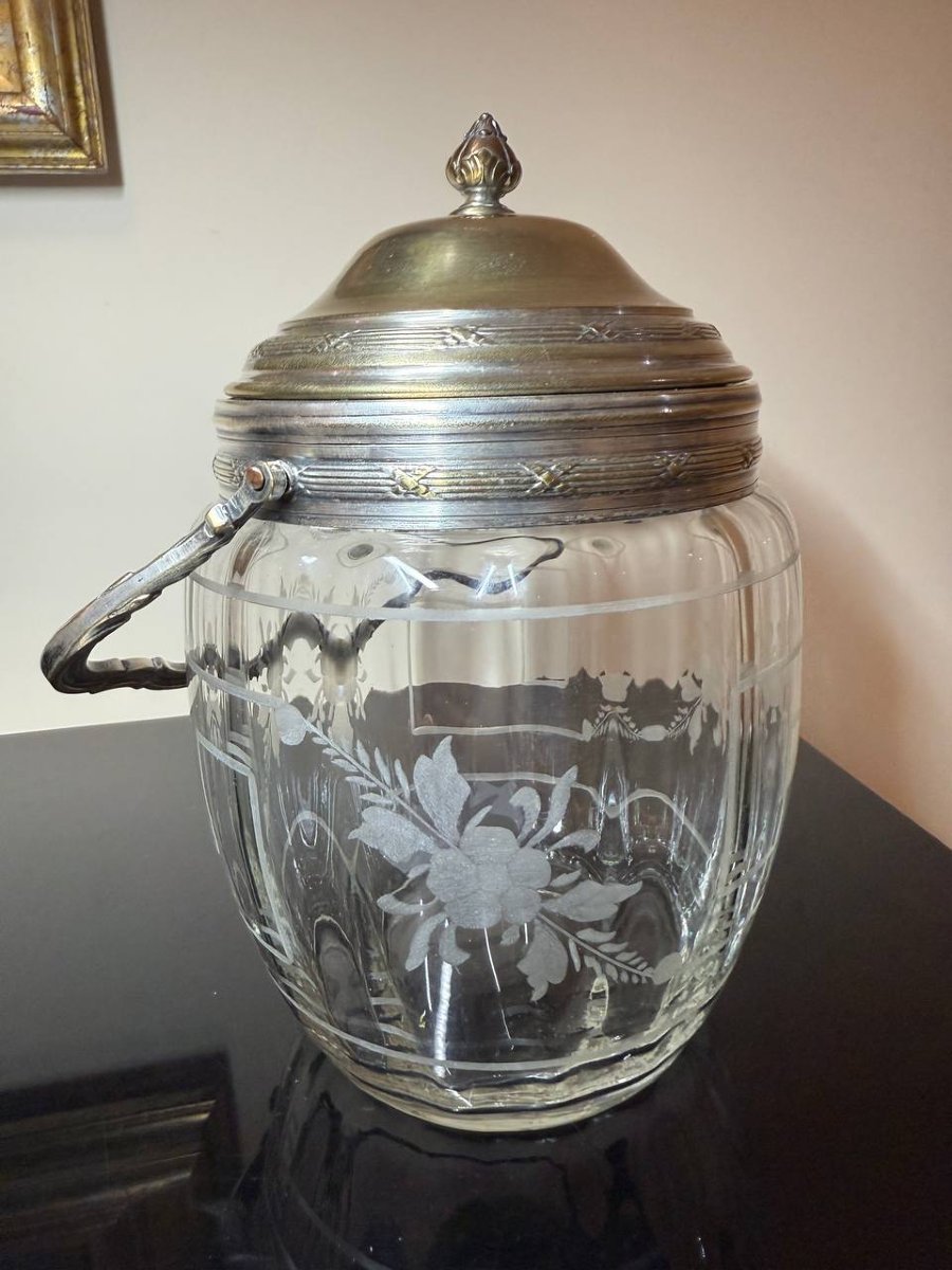 Crystal Biscuit Jar With Silver-plated Metal Frame.-photo-3