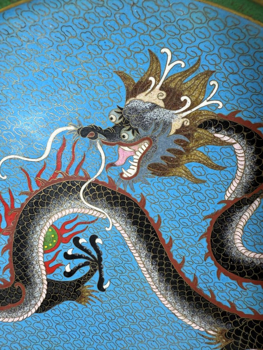 Assiette de présentation dragon asiatique en émail cloisonné-photo-2