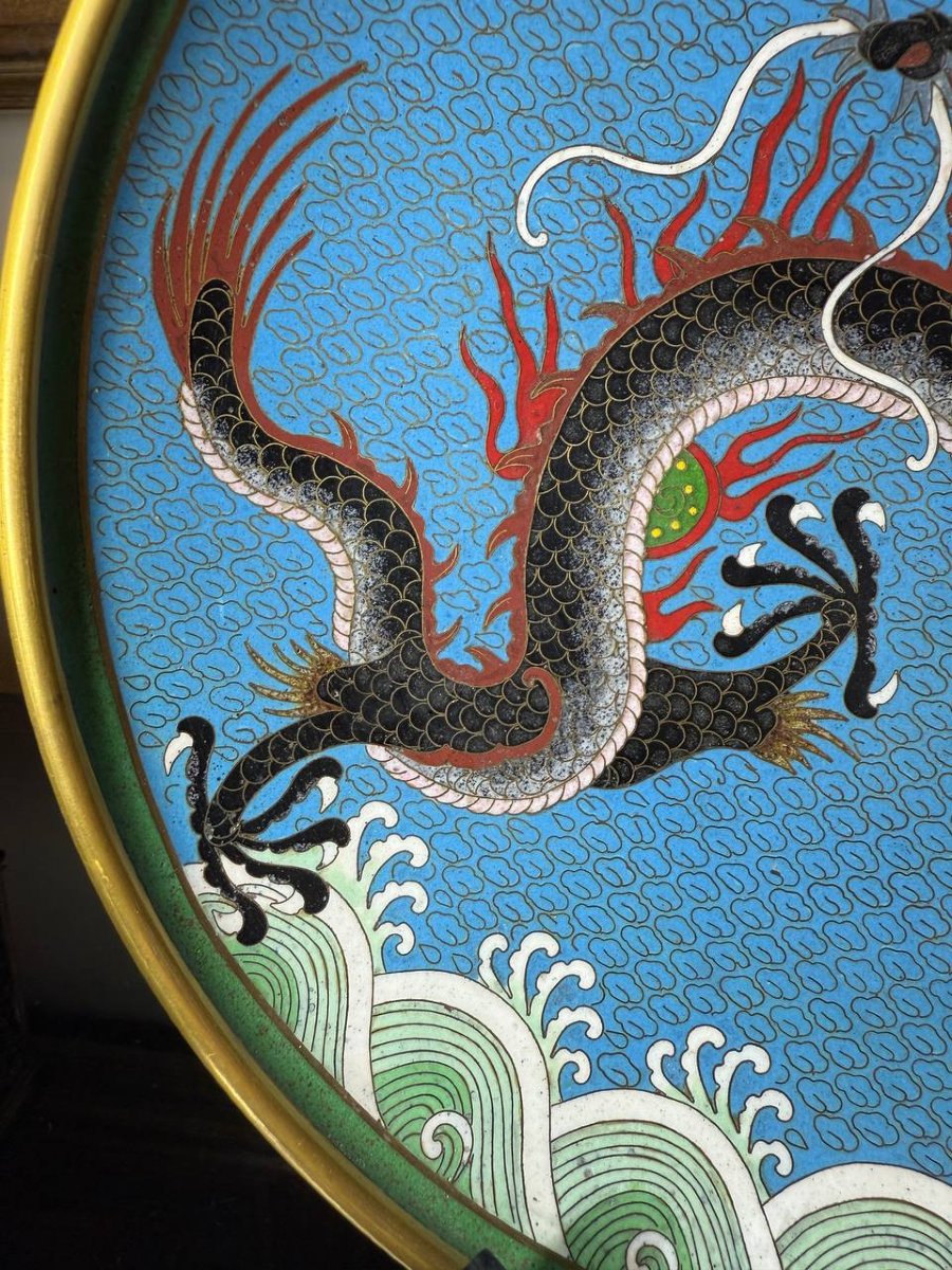 Assiette de présentation dragon asiatique en émail cloisonné-photo-3