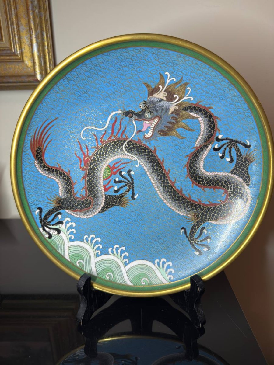 Assiette de présentation dragon asiatique en émail cloisonné-photo-1
