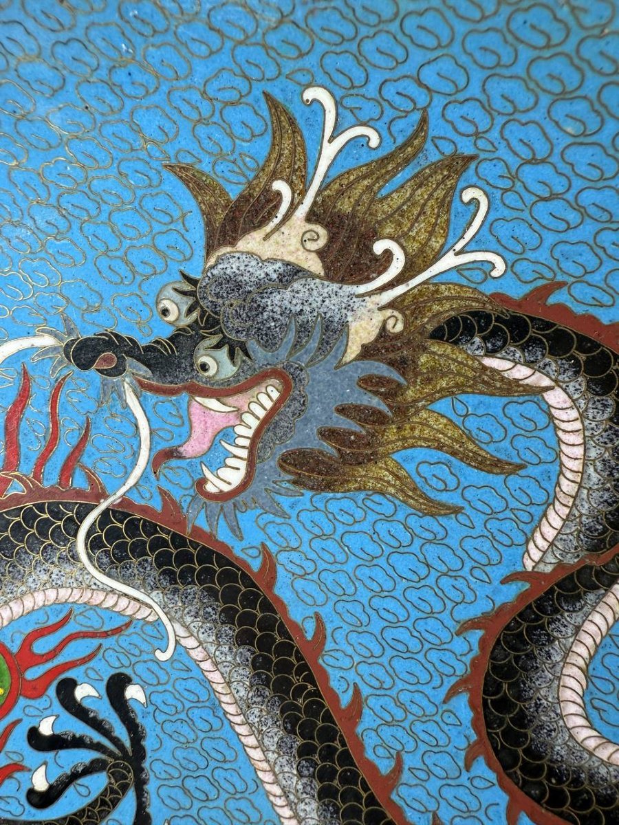 Assiette de présentation dragon asiatique en émail cloisonné-photo-4