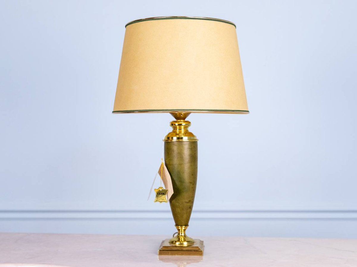 LAMPE EN CUIR ET MÉTAL DORÉ MAISON LE DAUPHIN 1970-photo-2