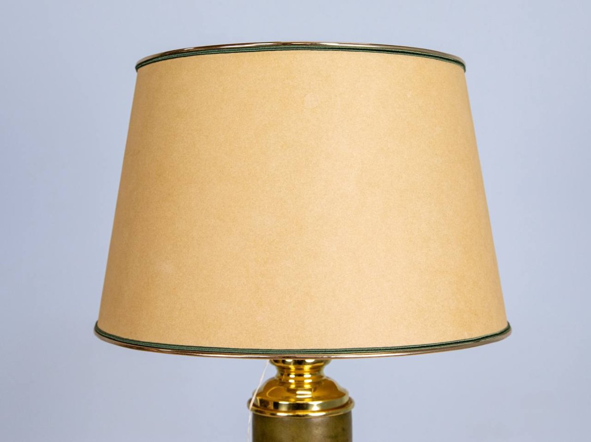 LAMPE EN CUIR ET MÉTAL DORÉ MAISON LE DAUPHIN 1970-photo-4