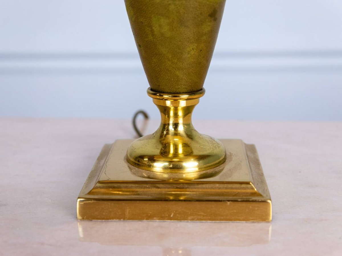 LAMPE EN CUIR ET MÉTAL DORÉ MAISON LE DAUPHIN 1970-photo-2