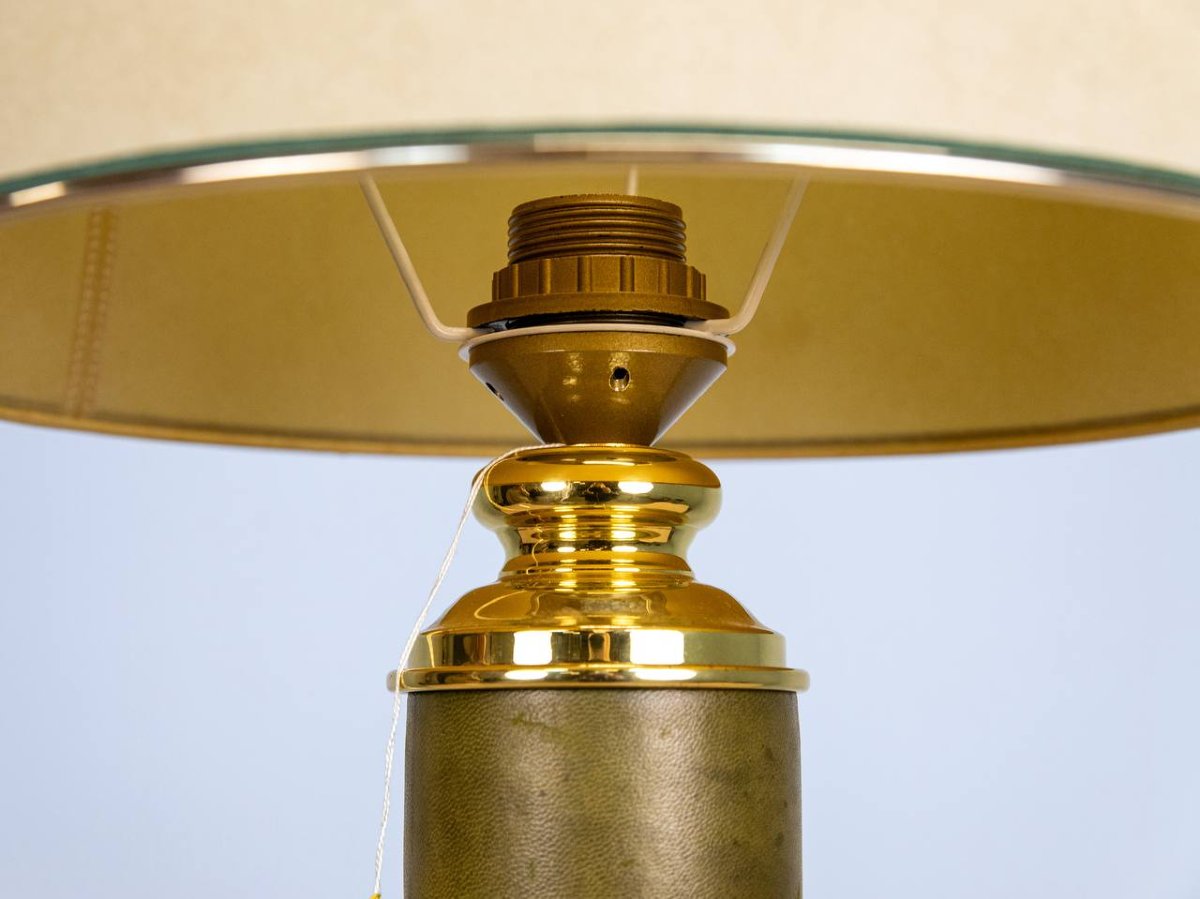 LAMPE EN CUIR ET MÉTAL DORÉ MAISON LE DAUPHIN 1970-photo-3