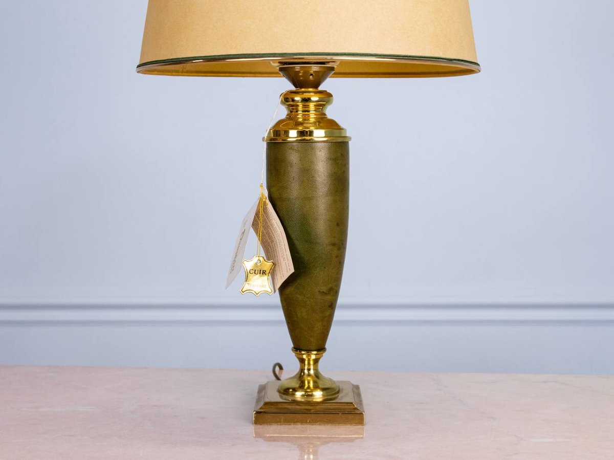 LAMPE EN CUIR ET MÉTAL DORÉ MAISON LE DAUPHIN 1970-photo-4