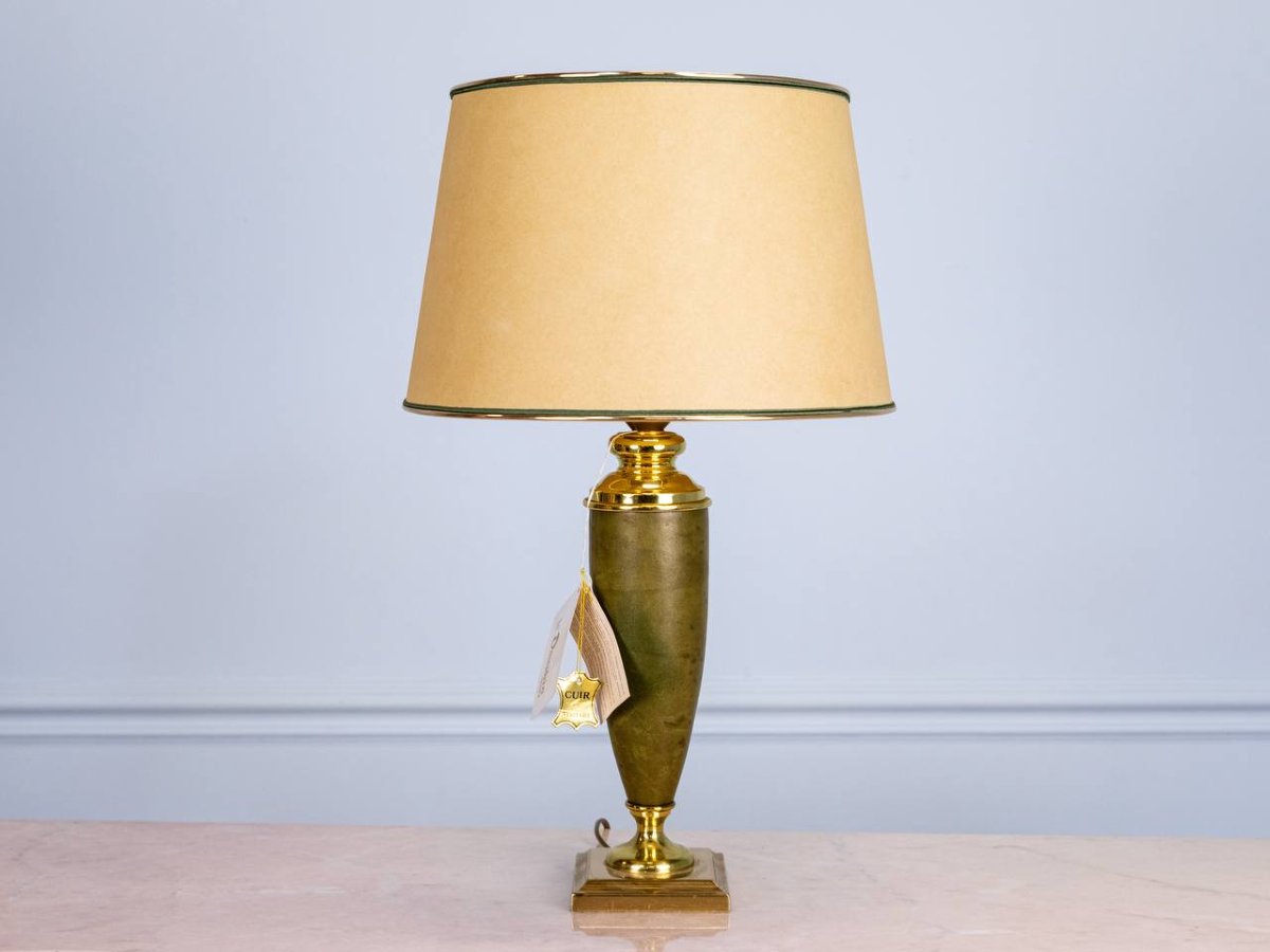 LAMPE EN CUIR ET MÉTAL DORÉ MAISON LE DAUPHIN 1970-photo-5