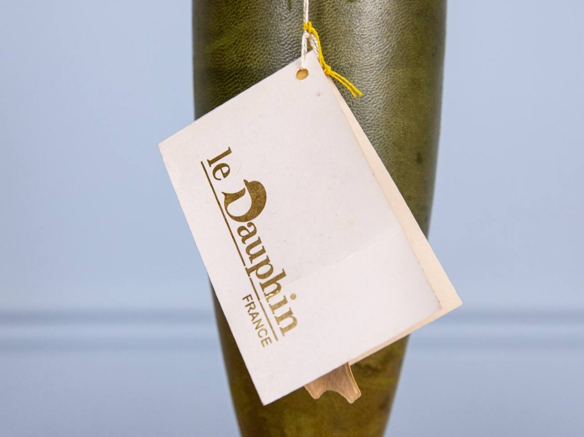 LAMPE EN CUIR ET MÉTAL DORÉ MAISON LE DAUPHIN 1970-photo-6