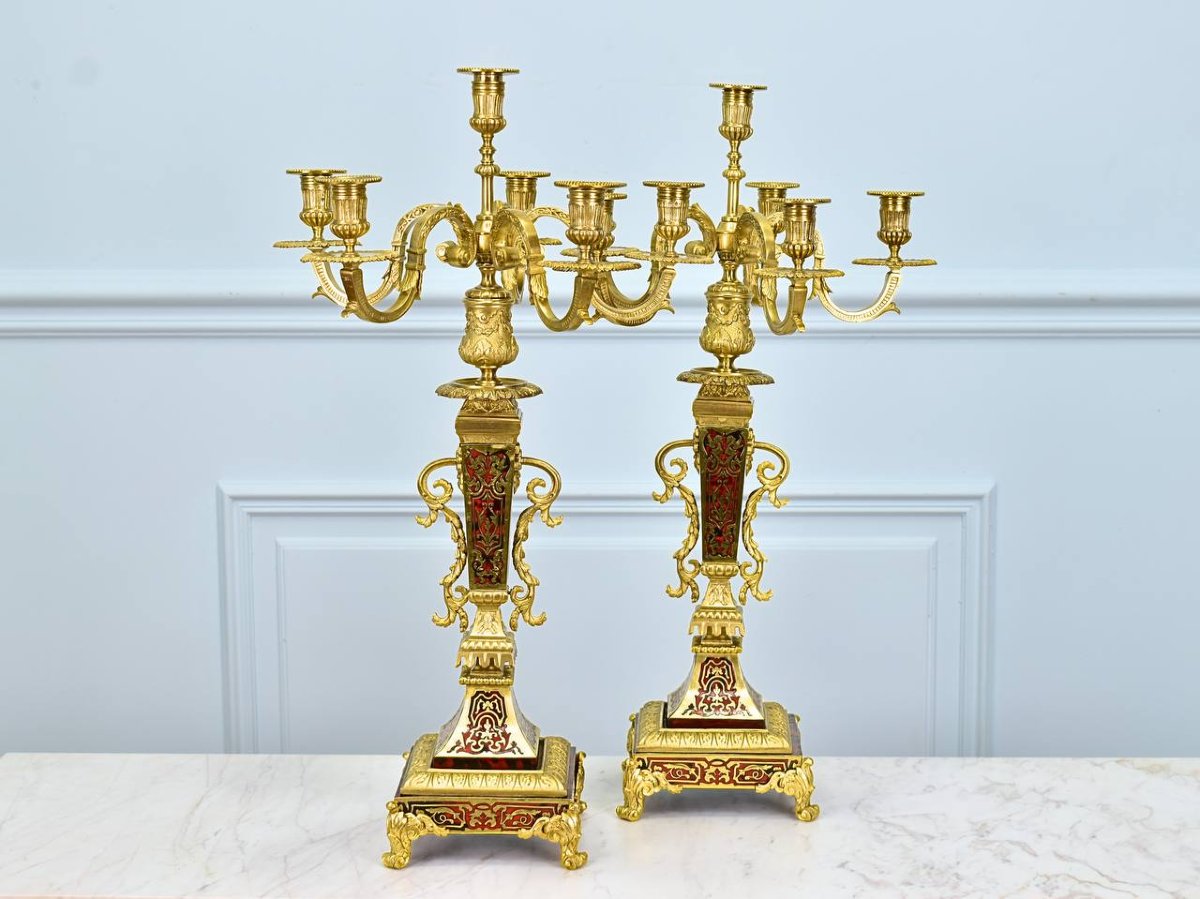 Paire de Candelabres, chandeliers en marqueterie Boulle et en Bronze époque Napoléon III-photo-2
