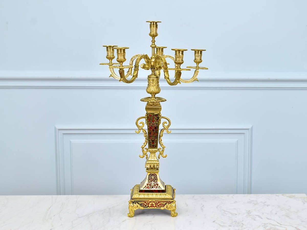 Paire de Candelabres, chandeliers en marqueterie Boulle et en Bronze époque Napoléon III-photo-4