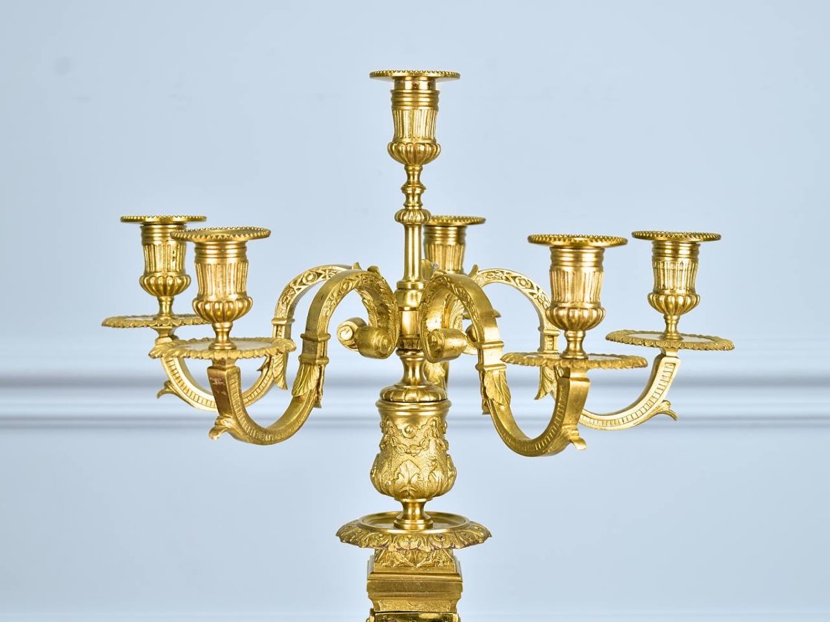 Paire de Candelabres, chandeliers en marqueterie Boulle et en Bronze époque Napoléon III-photo-1