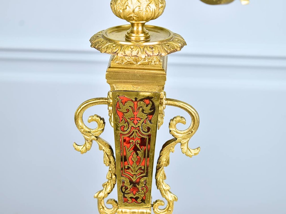 Paire de Candelabres, chandeliers en marqueterie Boulle et en Bronze époque Napoléon III-photo-2