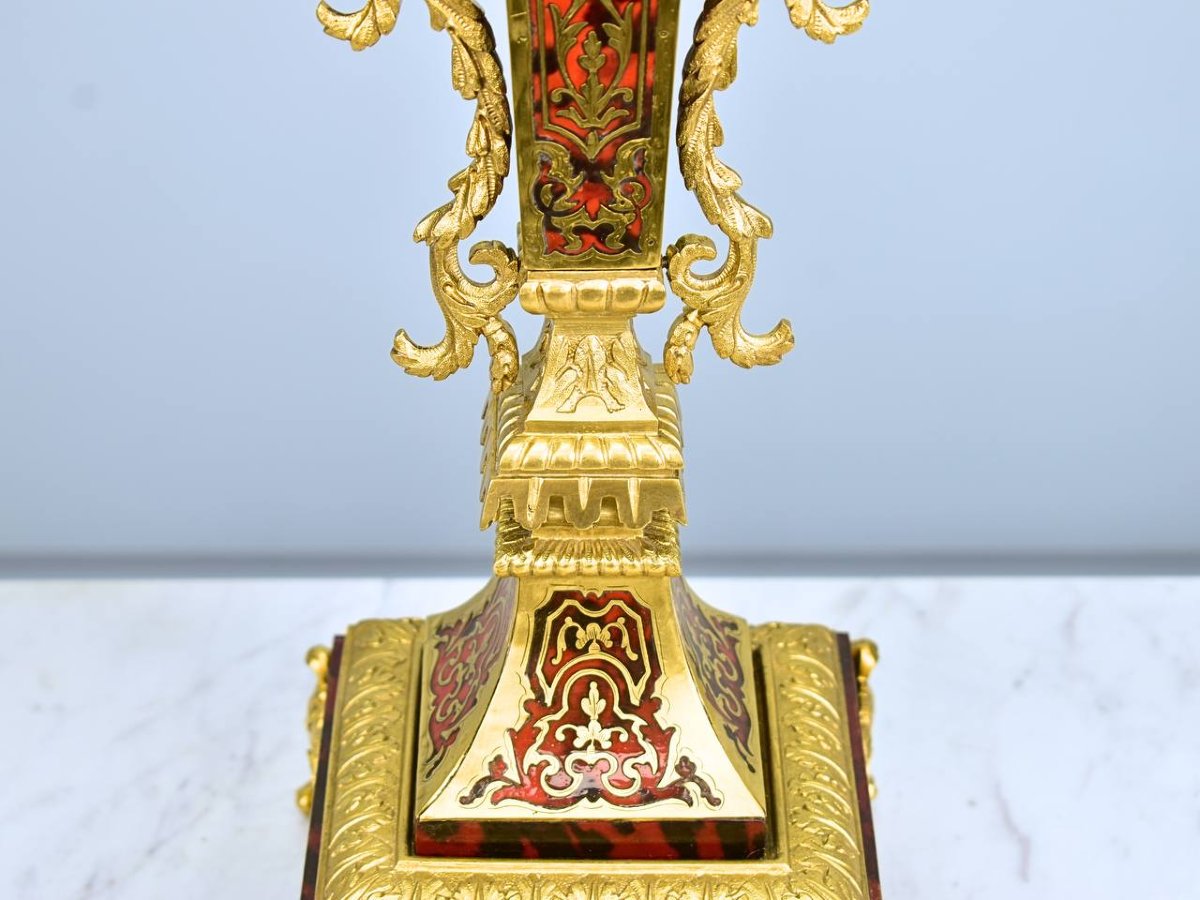 Paire de Candelabres, chandeliers en marqueterie Boulle et en Bronze époque Napoléon III-photo-3