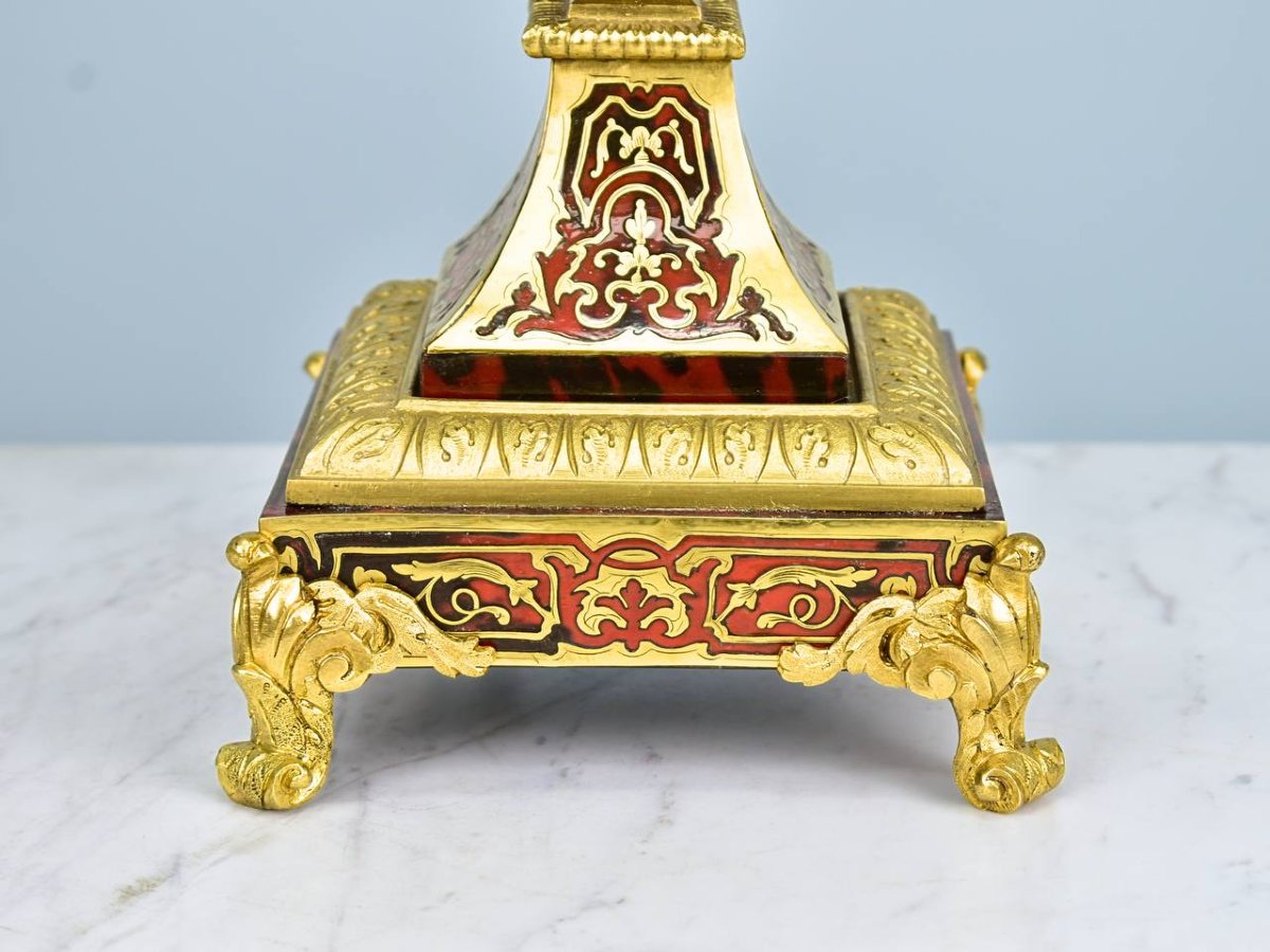 Paire de Candelabres, chandeliers en marqueterie Boulle et en Bronze époque Napoléon III-photo-4