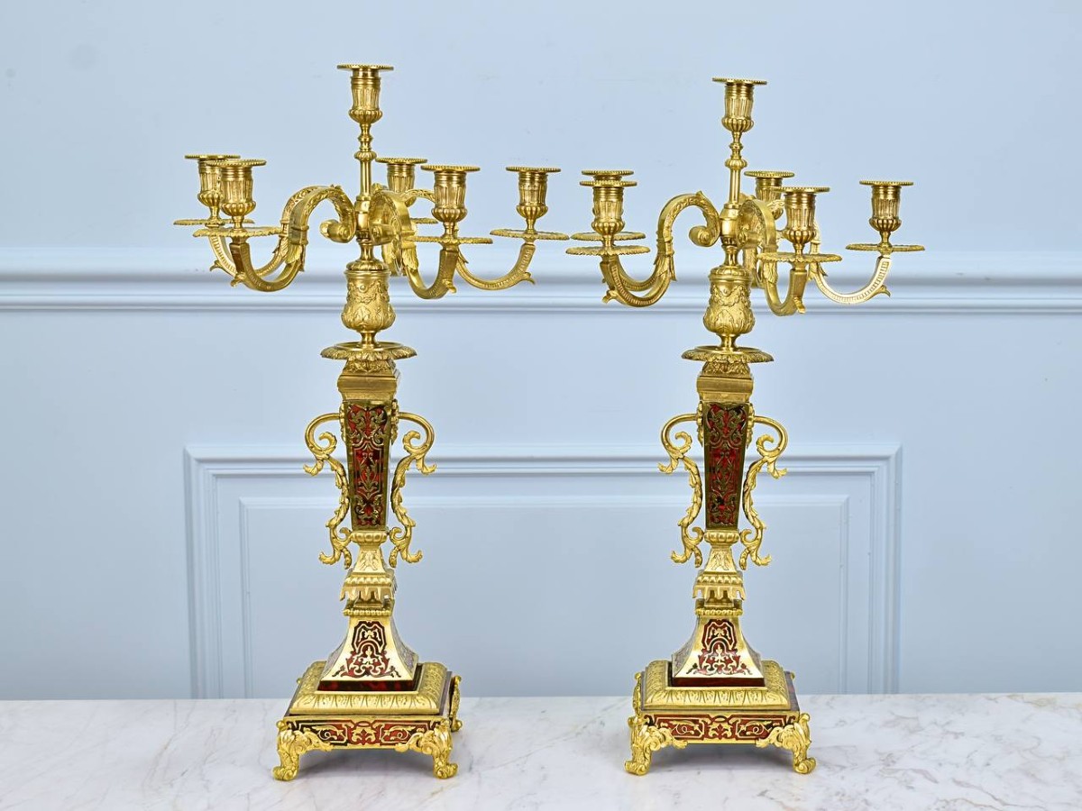 Paire de Candelabres, chandeliers en marqueterie Boulle et en Bronze époque Napoléon III