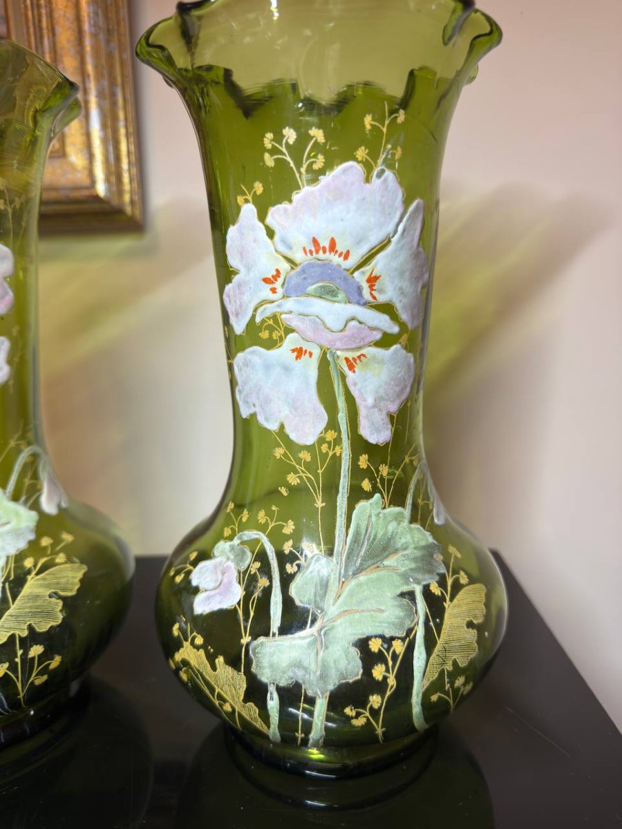 VASES en verre soufflé vert décor émaillé,  Legras ou Montjoye-photo-2