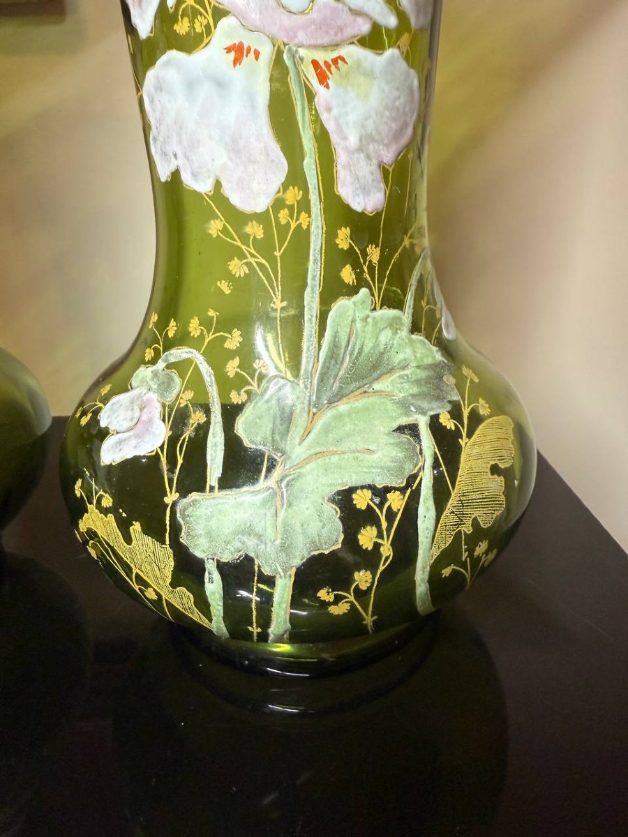 VASES en verre soufflé vert décor émaillé,  Legras ou Montjoye-photo-4