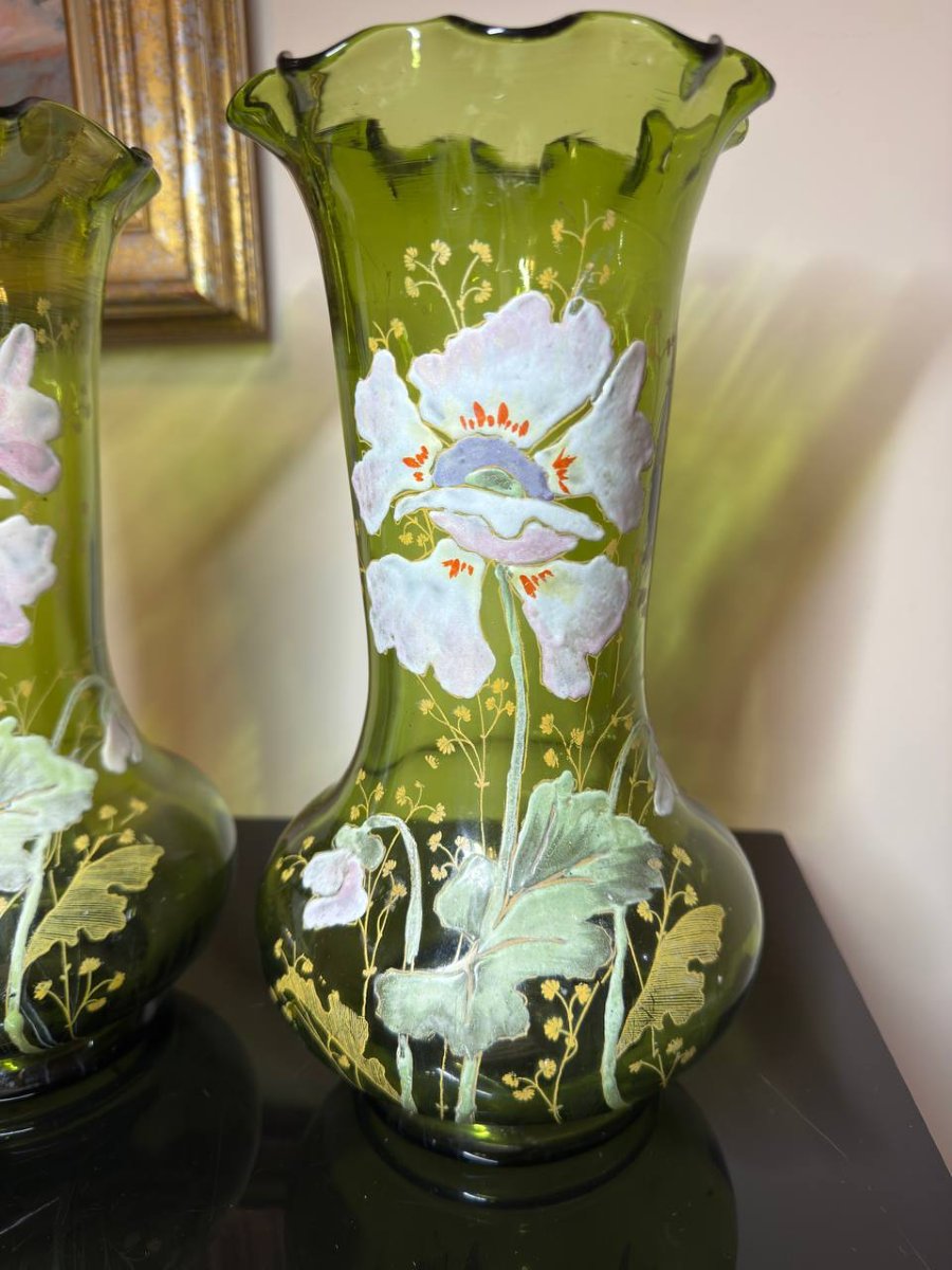 VASES en verre soufflé vert décor émaillé,  Legras ou Montjoye-photo-4