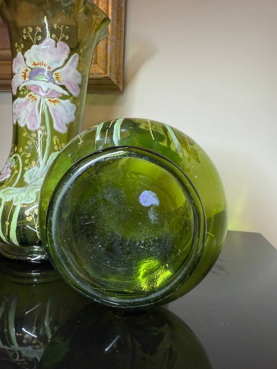 VASES en verre soufflé vert décor émaillé,  Legras ou Montjoye-photo-6
