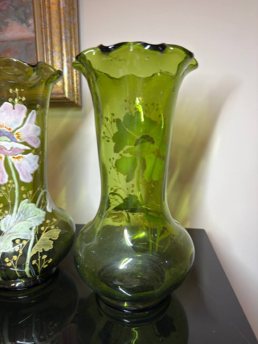 VASES en verre soufflé vert décor émaillé,  Legras ou Montjoye-photo-7