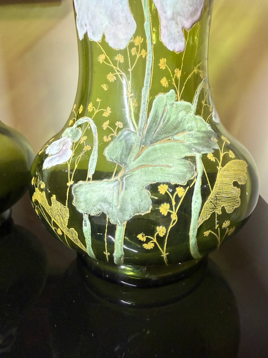 VASES en verre soufflé vert décor émaillé,  Legras ou Montjoye-photo-8