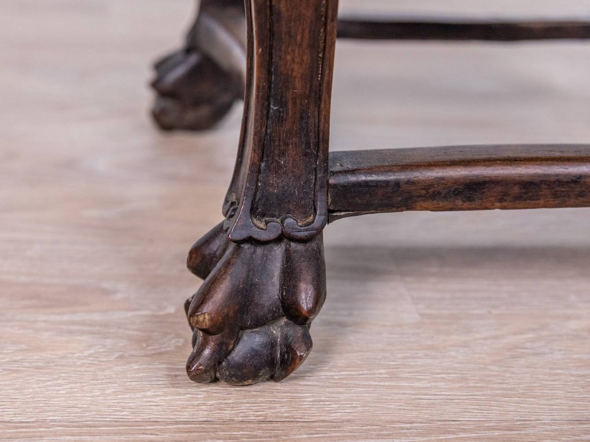 Table d'appoint chinoise en bois sculpté avec plateau en marbre incrusté-photo-7