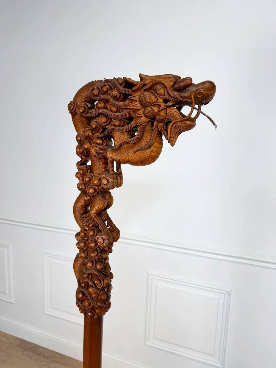 Lantern Holder, Floor Lamp In Carved Wood In The Shape Of A Dragon.-photo-2