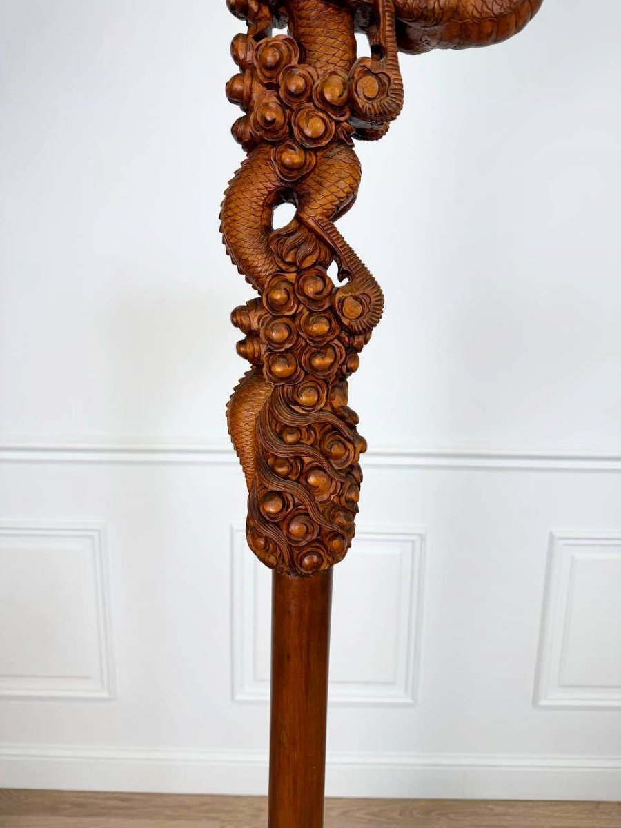 Lantern Holder, Floor Lamp In Carved Wood In The Shape Of A Dragon.-photo-3