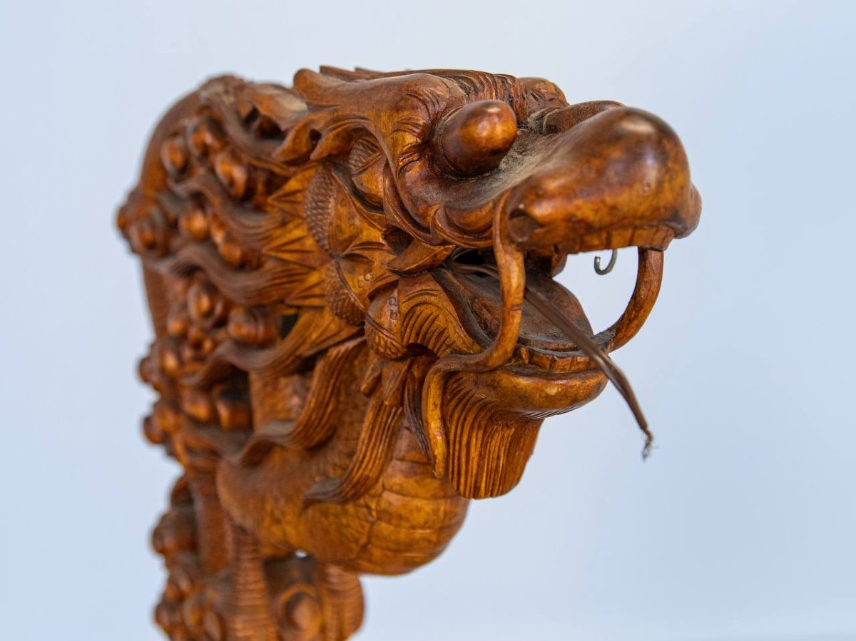 Lantern Holder, Floor Lamp In Carved Wood In The Shape Of A Dragon.-photo-3