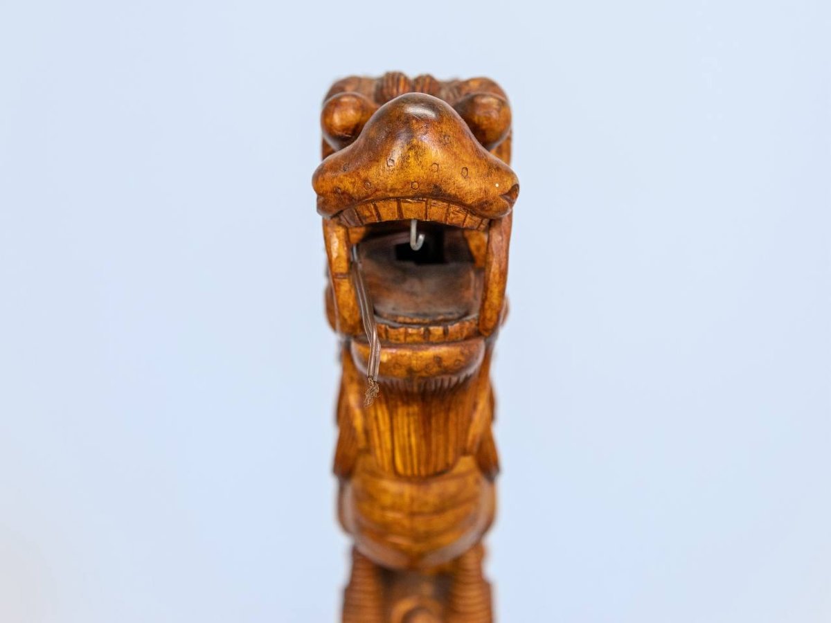 Lantern Holder, Floor Lamp In Carved Wood In The Shape Of A Dragon.-photo-4