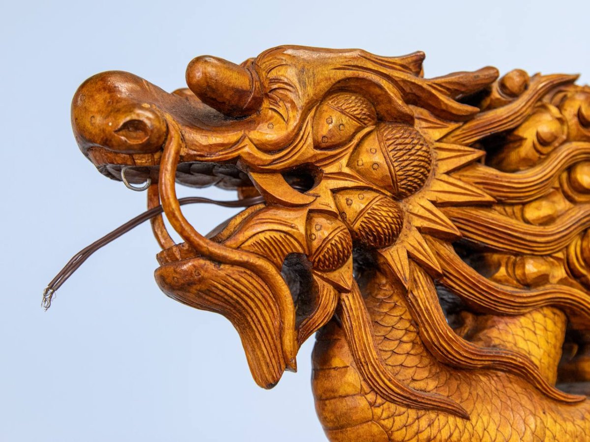 Lantern Holder, Floor Lamp In Carved Wood In The Shape Of A Dragon.-photo-7
