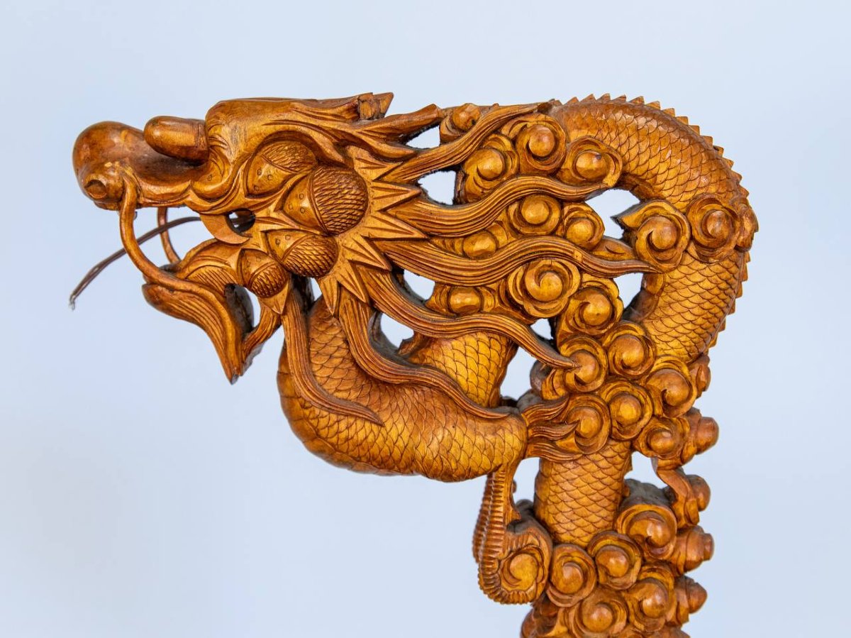 Lantern Holder, Floor Lamp In Carved Wood In The Shape Of A Dragon.-photo-8
