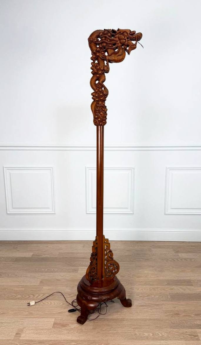 Lantern Holder, Floor Lamp In Carved Wood In The Shape Of A Dragon.