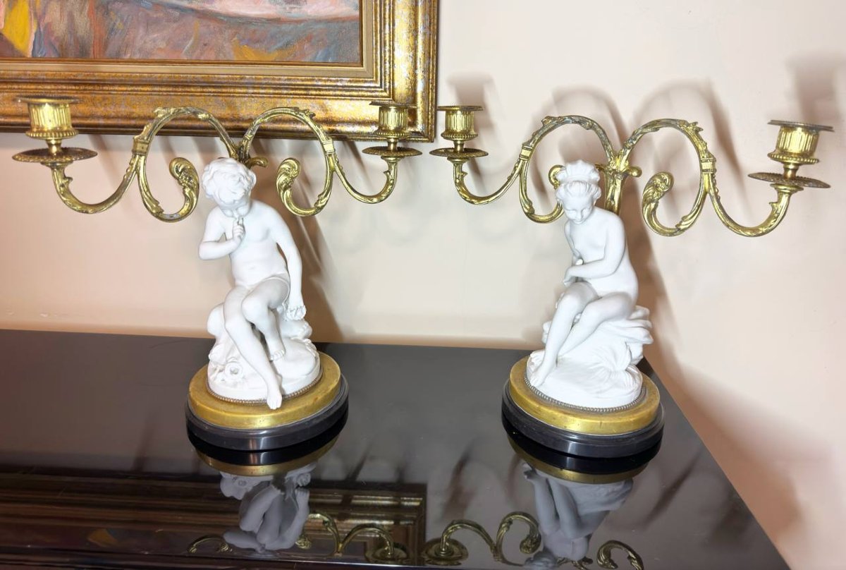 PAIRE DE BISCUITS MONTÉS ET BRONZE , EPOQUE NAPOLÉON III-photo-2