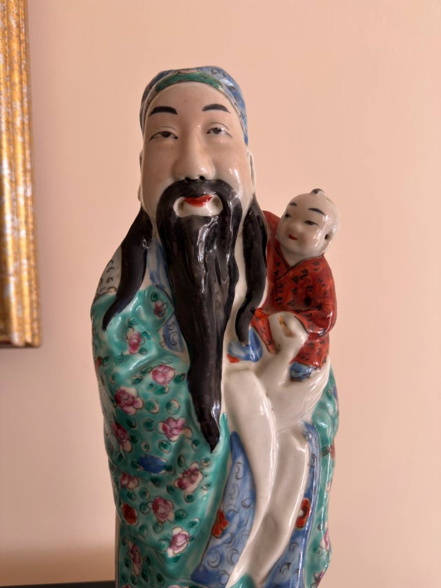 Large Pink Family Porcelain Figurine Representing The Taoist Immortal Lu Dongbin-photo-2