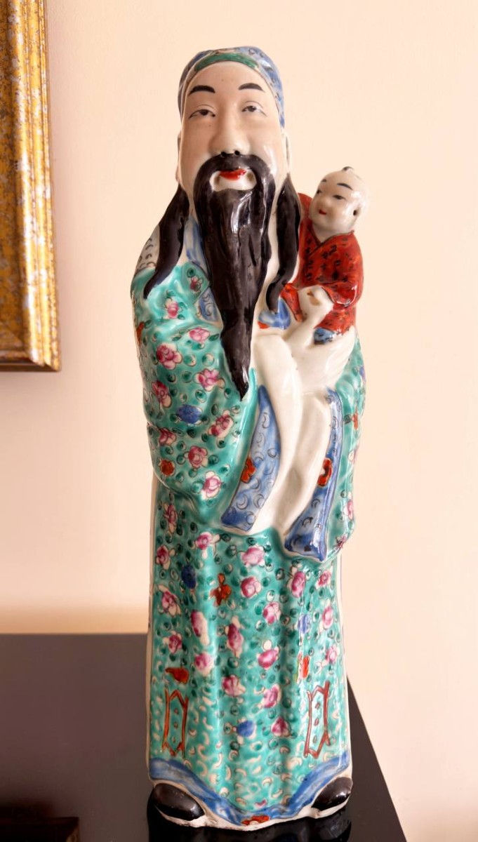Large Pink Family Porcelain Figurine Representing The Taoist Immortal Lu Dongbin