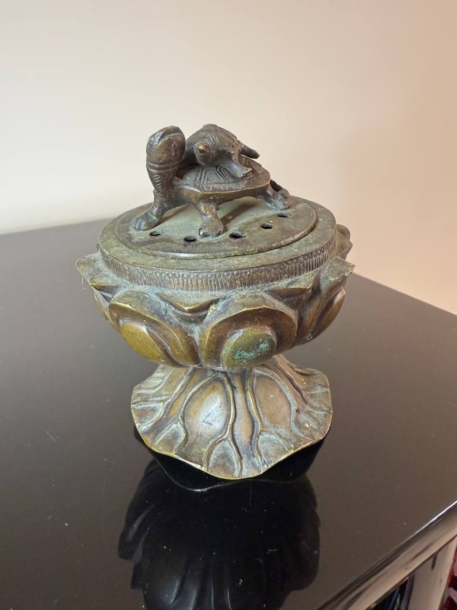 Un Koro , brûleur d'encens japonais En Bronze en forme de Lotus et tortues-photo-2