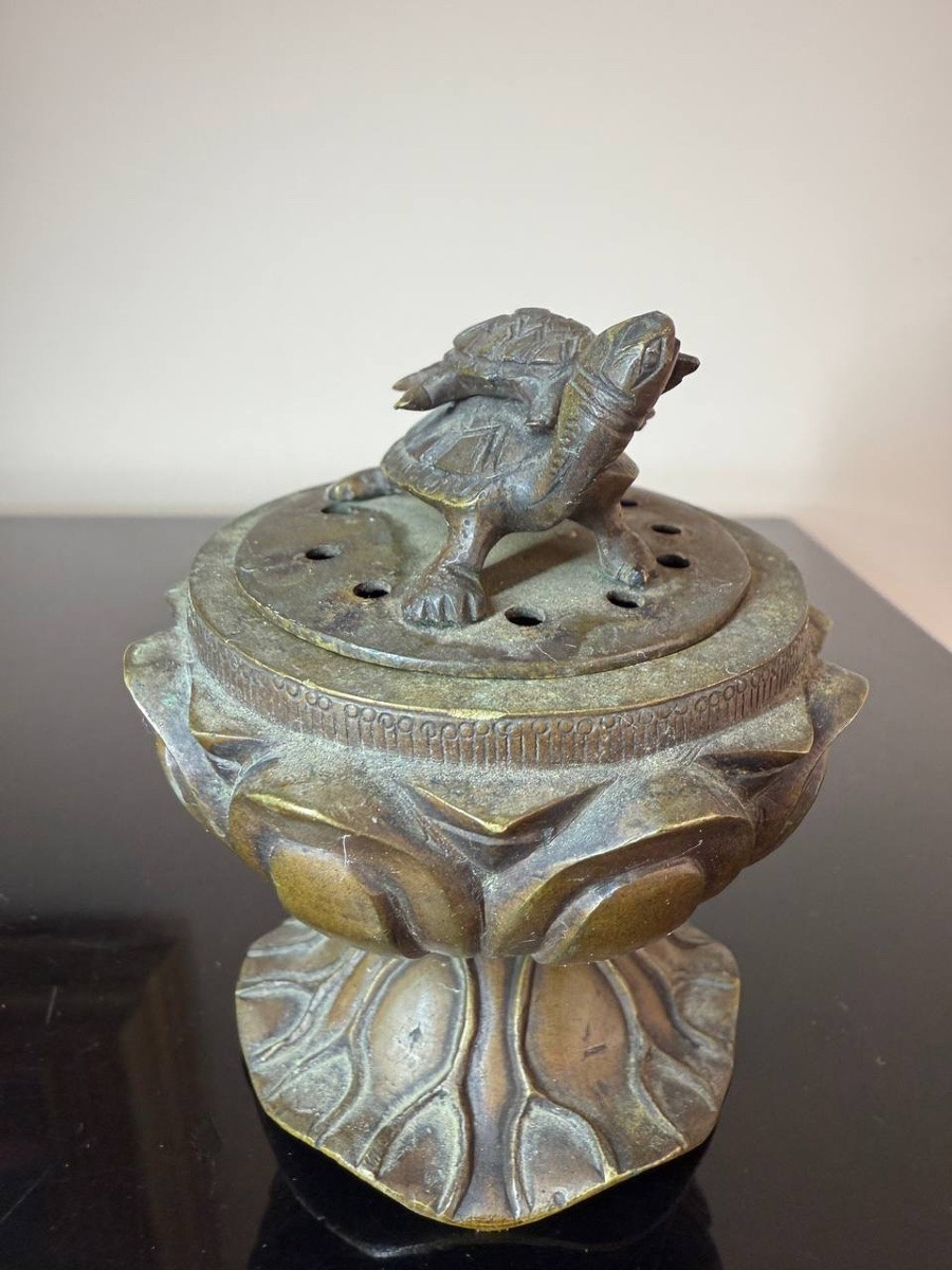 Un Koro , brûleur d'encens japonais En Bronze en forme de Lotus et tortues-photo-3
