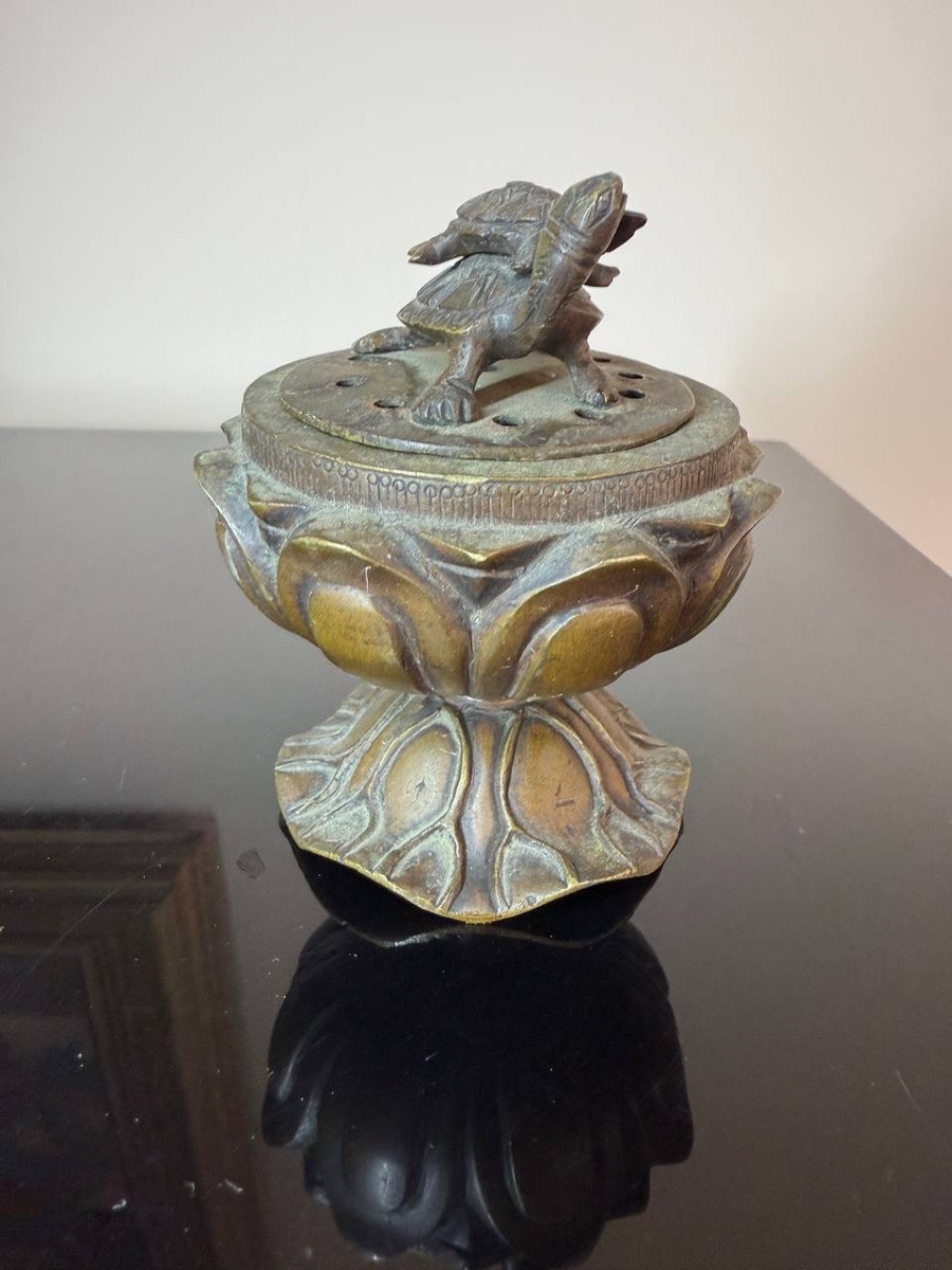 Un Koro , brûleur d'encens japonais En Bronze en forme de Lotus et tortues-photo-4