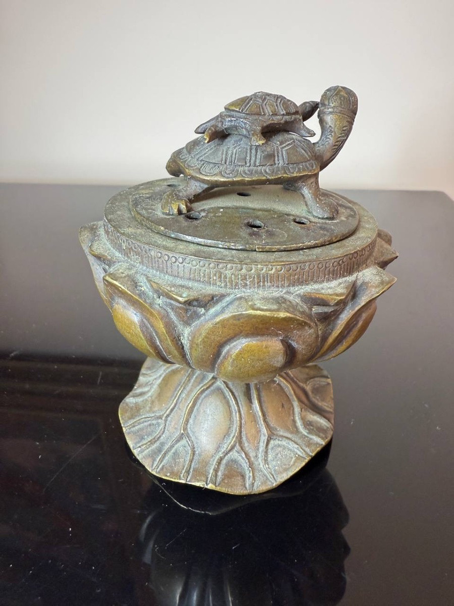 Un Koro , brûleur d'encens japonais En Bronze en forme de Lotus et tortues-photo-2