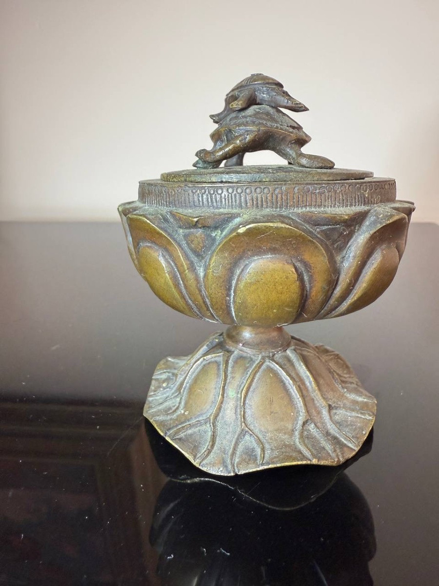 Un Koro , brûleur d'encens japonais En Bronze en forme de Lotus et tortues-photo-6
