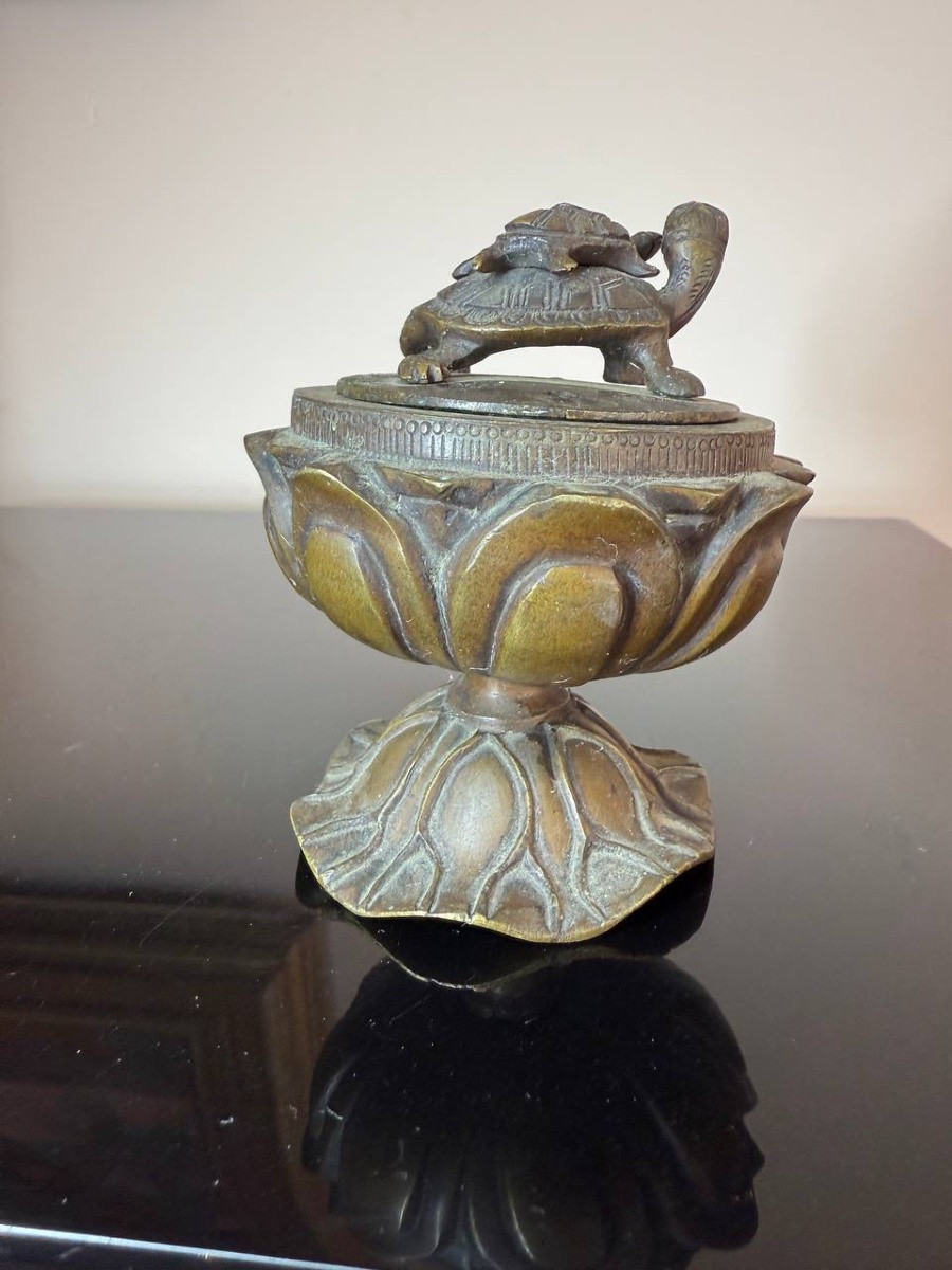 Un Koro , brûleur d'encens japonais En Bronze en forme de Lotus et tortues-photo-7