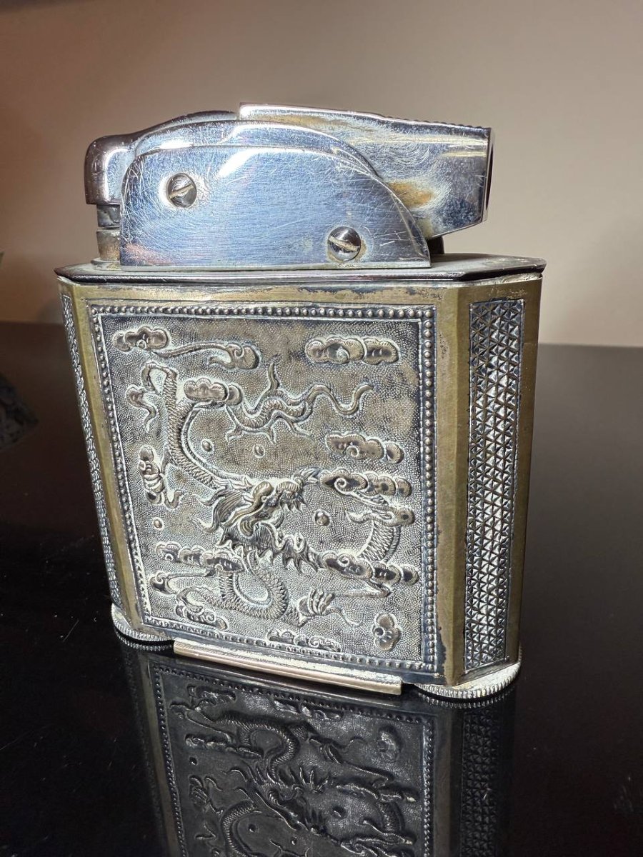 Briquet, Gainage en plaque en argent MOTIF DRAGON, INDOCHINE, Chine .-photo-3