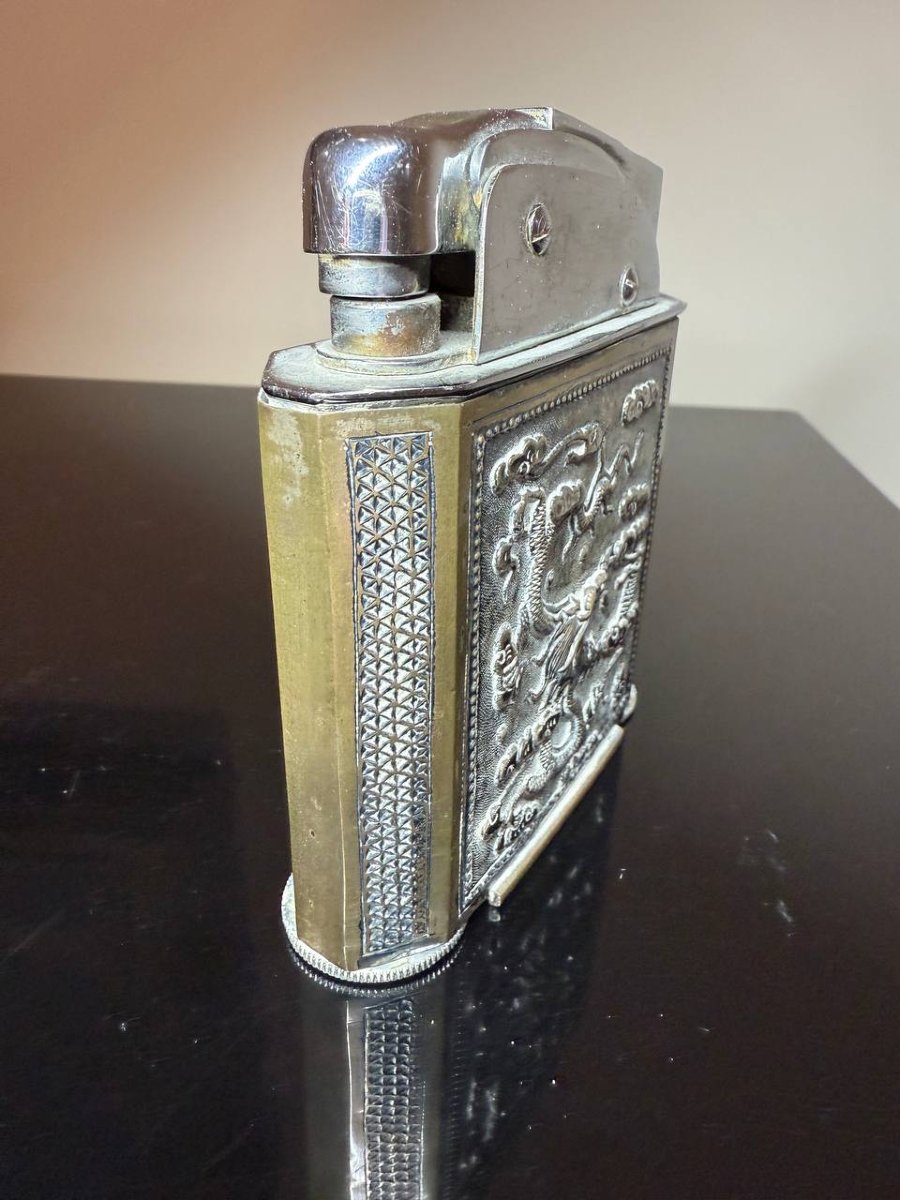 Briquet, Gainage en plaque en argent MOTIF DRAGON, INDOCHINE, Chine .-photo-4